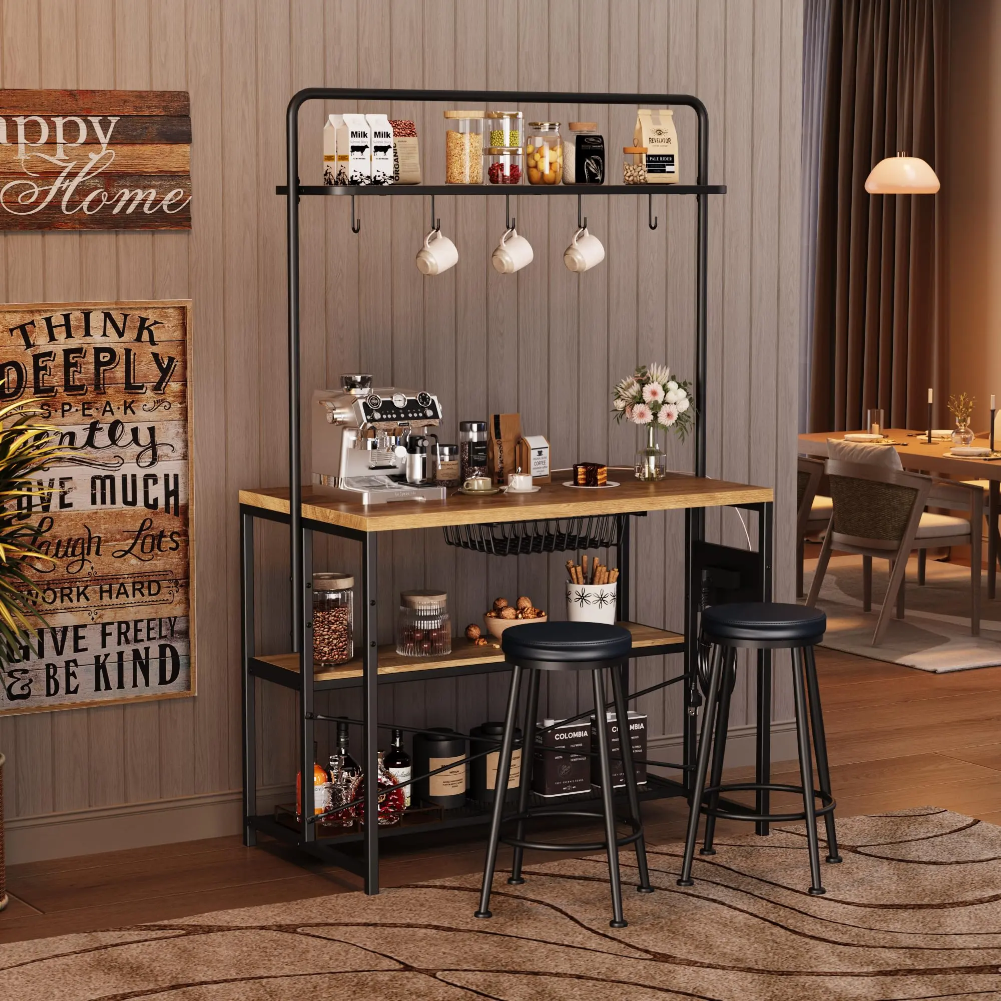 ⚡ Garvee Kitchen Island with Power Outlet & 2 Bar Stools – Industrial Bakers Rack with 3 Shelves, 5 Hooks & 400 LB Capacity for Dining Room, Living Room & Apartment! 🏡✨