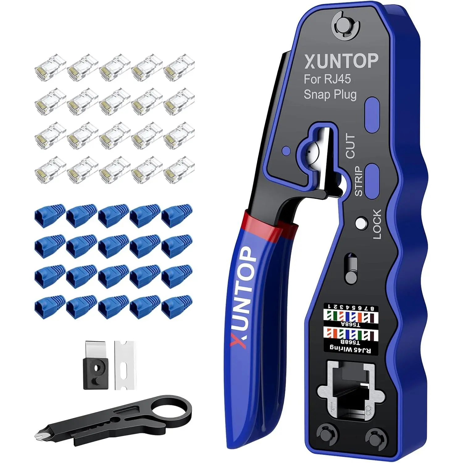 XUNTOP RJ45 Pass Through Crimp Tool Kit for Cat5, Cat5e, Cat6, Cat6a Ethernet Cables, Including 20 Pcs Cat6 Crystal Heads and 20 Pcs Blue Protection Covers, Ethernet Crimping