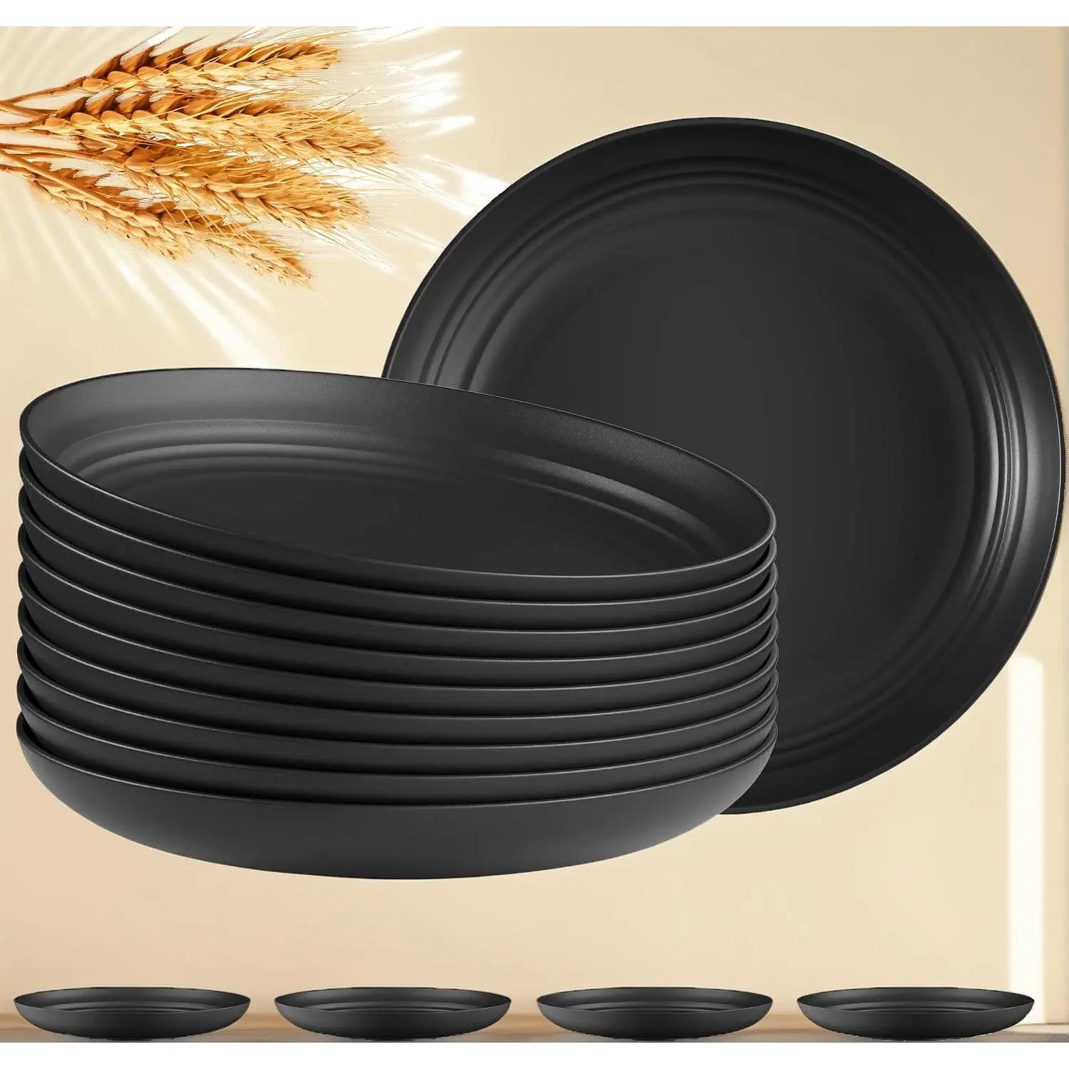 16 PCS Wheat Straw Plates, 8 Inch Unbreakable Reusable Plastic Dinner Plates, Microwave & Dishwasher Safe Lightweight Portable Plates for Kitchen Picnic Outdoor, Black