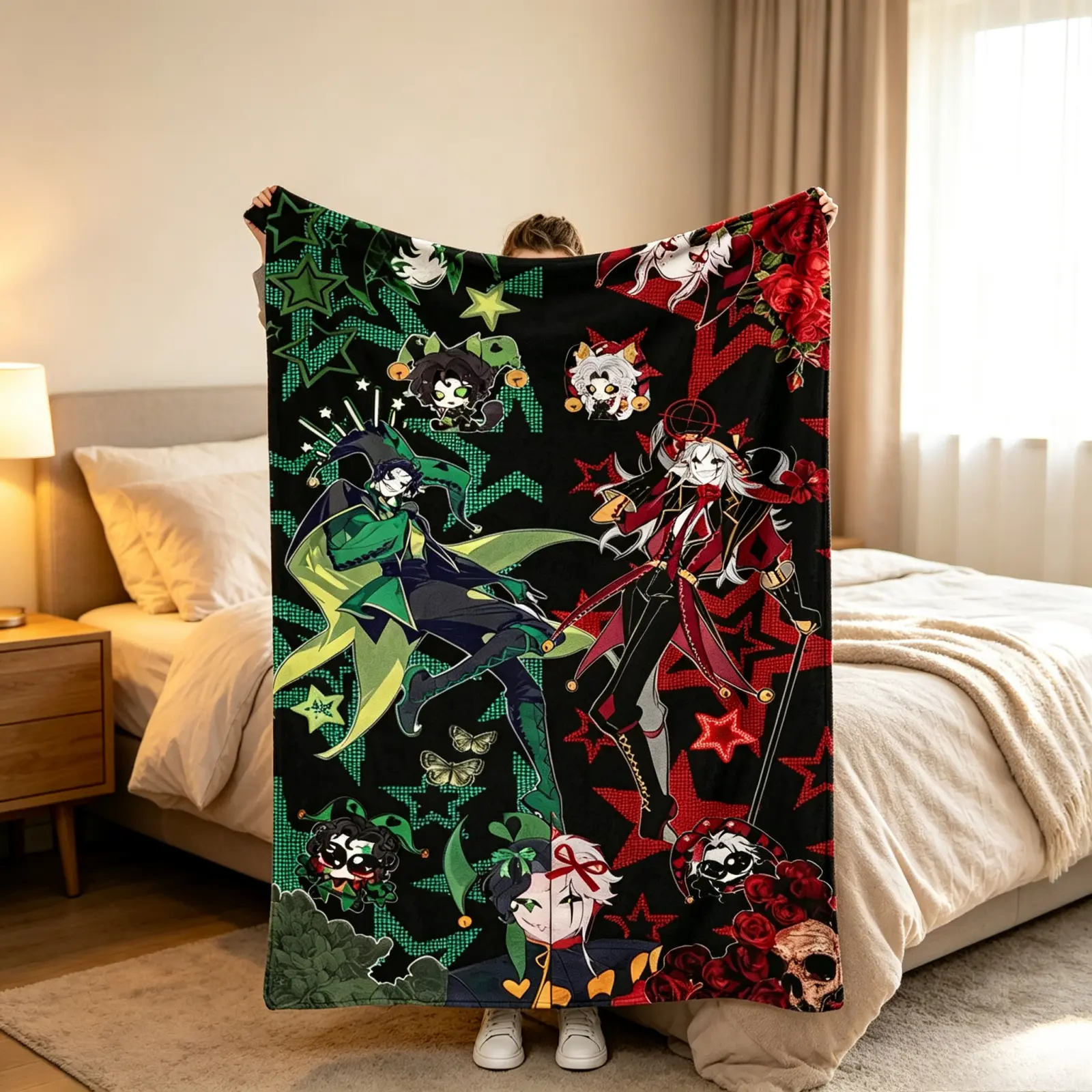 1Pc Red Green Dual Tone Circus Clown Pierrot Harlequin Dual Character Illustration Flannel Throw Blanket, Dark Gothic Star Rose Skull Print Soft Warm Blanket, Multi-Purpose Bedroom Living Room Sofa Nap Cover Office Air Conditioning Blanket Portable Travel