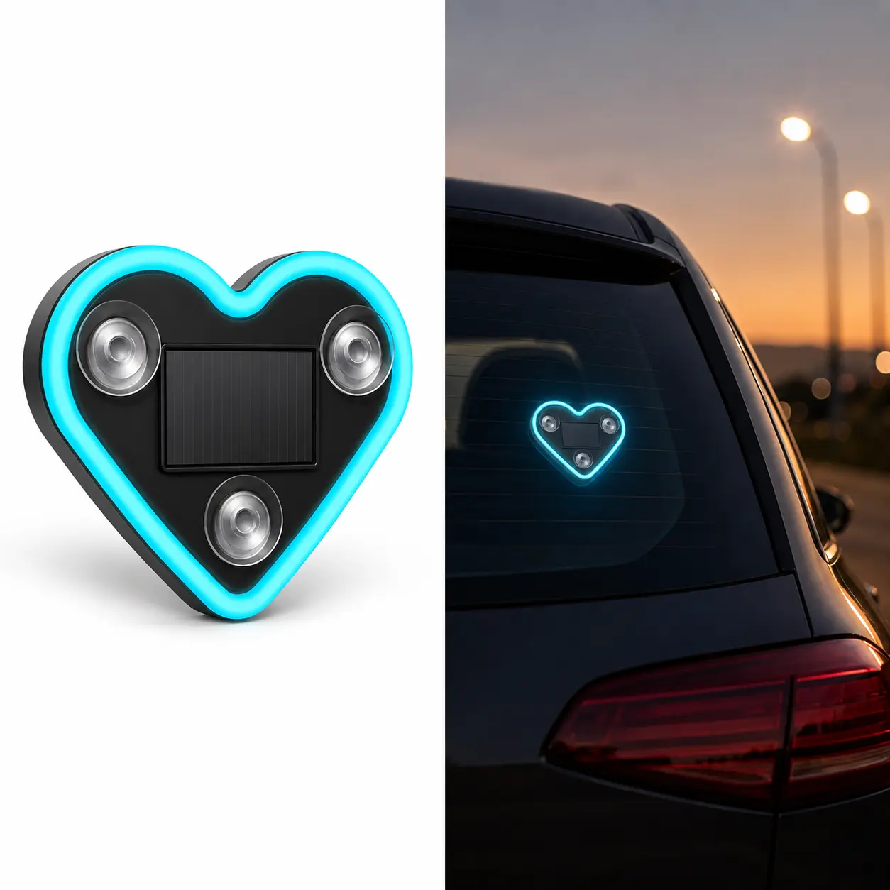 Heart Shape LED Car Window Lamp - Cars Accessories, Solar & USB-C Rechargeable, Auto Sense Vibration Sensor, Ambient Glow Toolless Mount Removable Interior Decorative Accent Light