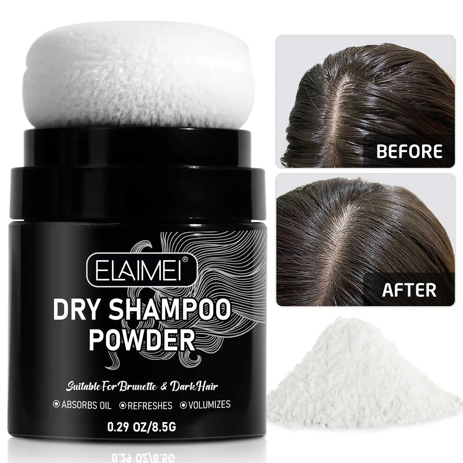 Elaimei Volumizing Powder for Hair, 8.5g Dry Shampoo Haircare Product Absorbs Oil, Refreshes and Adds Volume, Designed for Dark Hair, Combats Greasy Roots