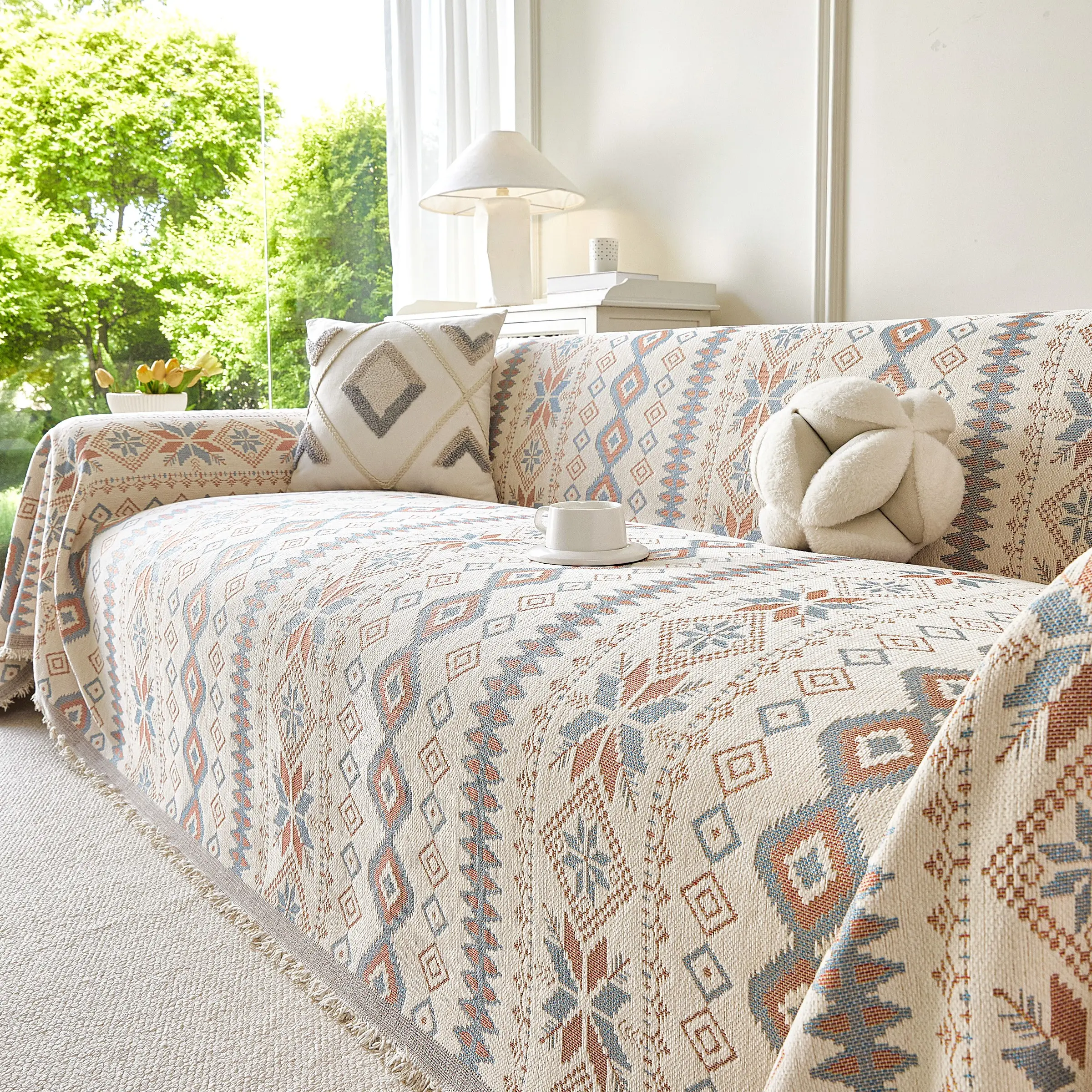 Macaron Ethnic Rhombus Fringe Sofa Cover, Fresh Boho Snowflake Embroidered Sofa Protector, Anti-Slip Breathable, Pet-Resistant
