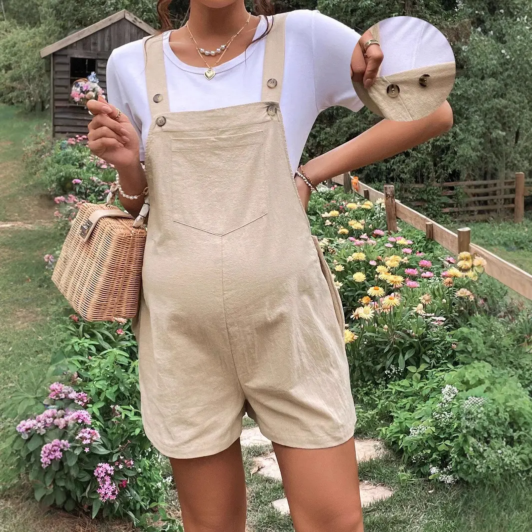 Women's European Ocean-Style Maternity Bib Overalls Shorts, Spring-Summer Casual Wear, 5-Inch Cropped Pants, Breathable Fabric, Adjustable Waistband, Loose Fit
