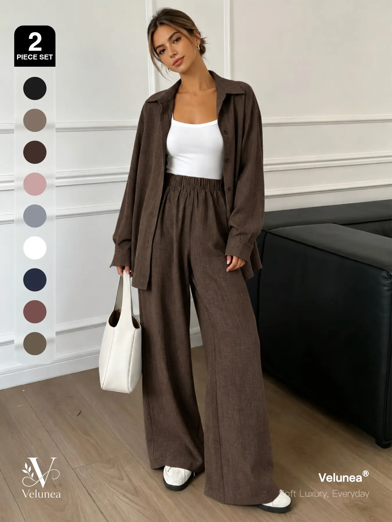 | 2-Piece Set | Velunea Women’s Casual Button Down Shirt and Wide Leg Pants Outfit Set, Relaxed Loose Fit Matching Lounge Set, Chic Everyday Outfit, Vacation Travel Co-Ord Clothes