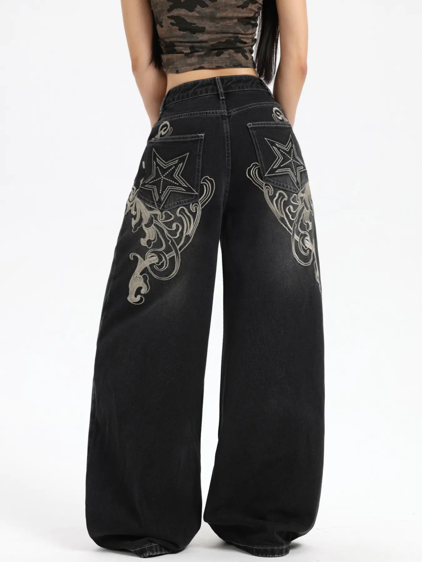 Women's High-Waisted Embroidered Jeans, Baggy Jeans, Loose-Fit Oversize Straight Leg Pants, Comfortable Street Style, All Seasons, No Waistband Included