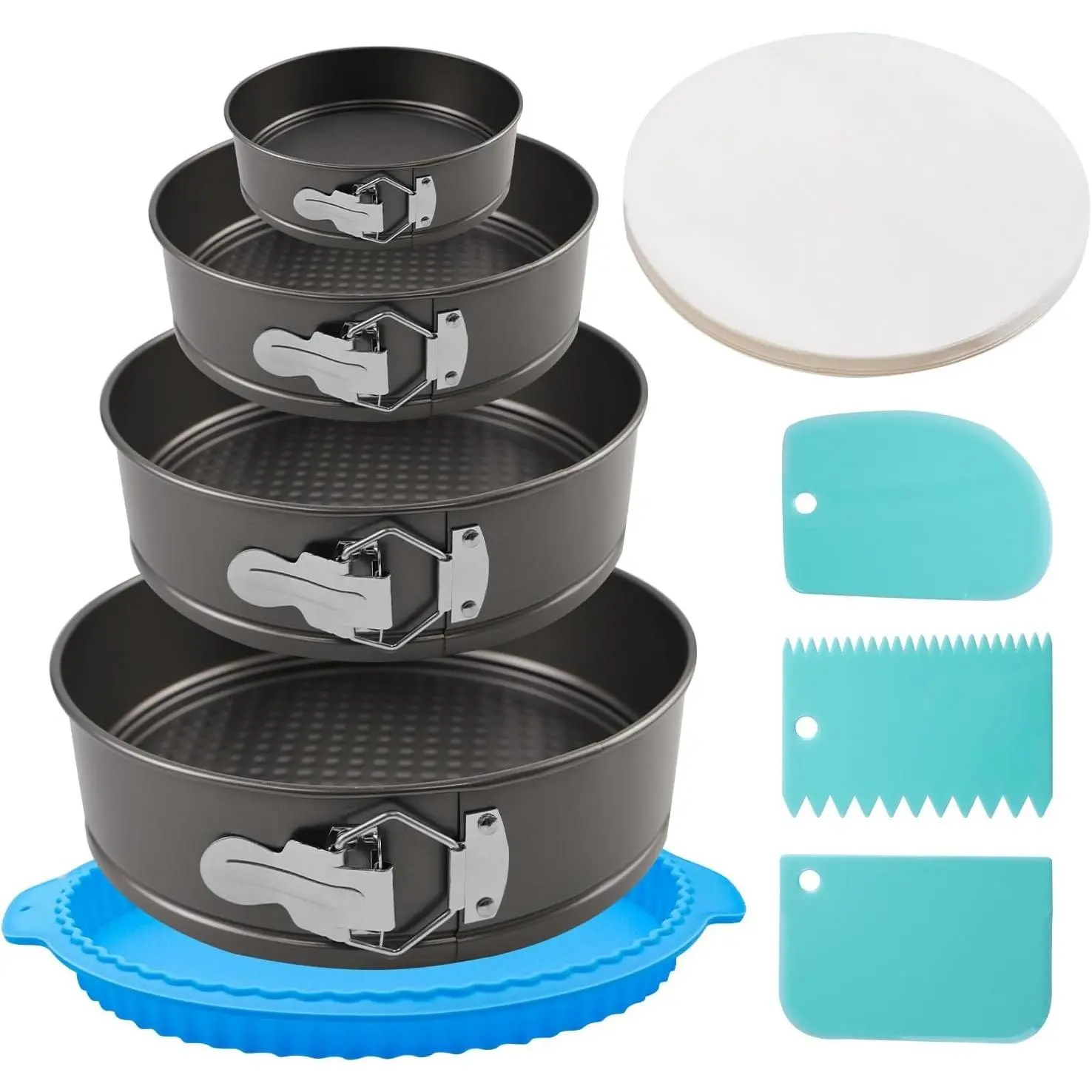 4, 7, 9, 10 Inches Springform Cake Pan Set, Spring Form Pans for Cheesecake, Nonstick Round Baking Pan Set with Silicone Protector, Parchment Paper, Icing Scrapers