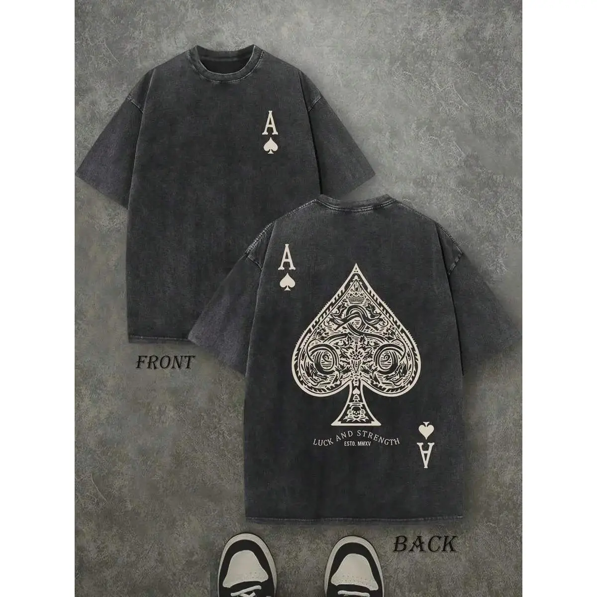 Men's Vintage Ace of Spades T-Shirt - Washed Black Silky Cotton Oversized Short-Sleeve Streetwear Tee, Retro Poker Card Graphic Casual Crewneck for Joggers, Pairable with Cardigans, Tshirt