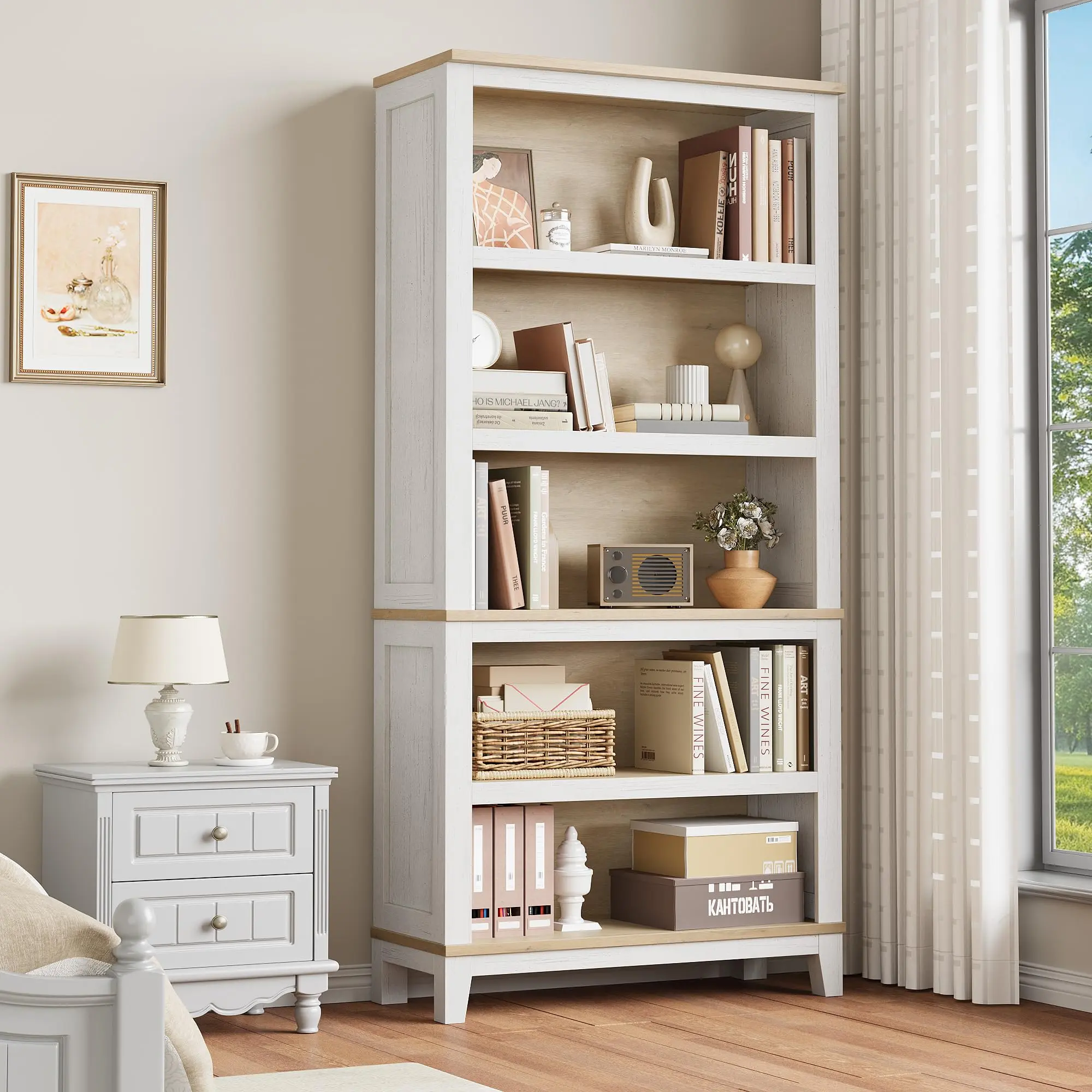 71" Tall Narrow Bookcase with 5-Tier Adjustable Shelves, Farmhouse Bookshelf with Wooden Legs for Living Room, Office & Small Space