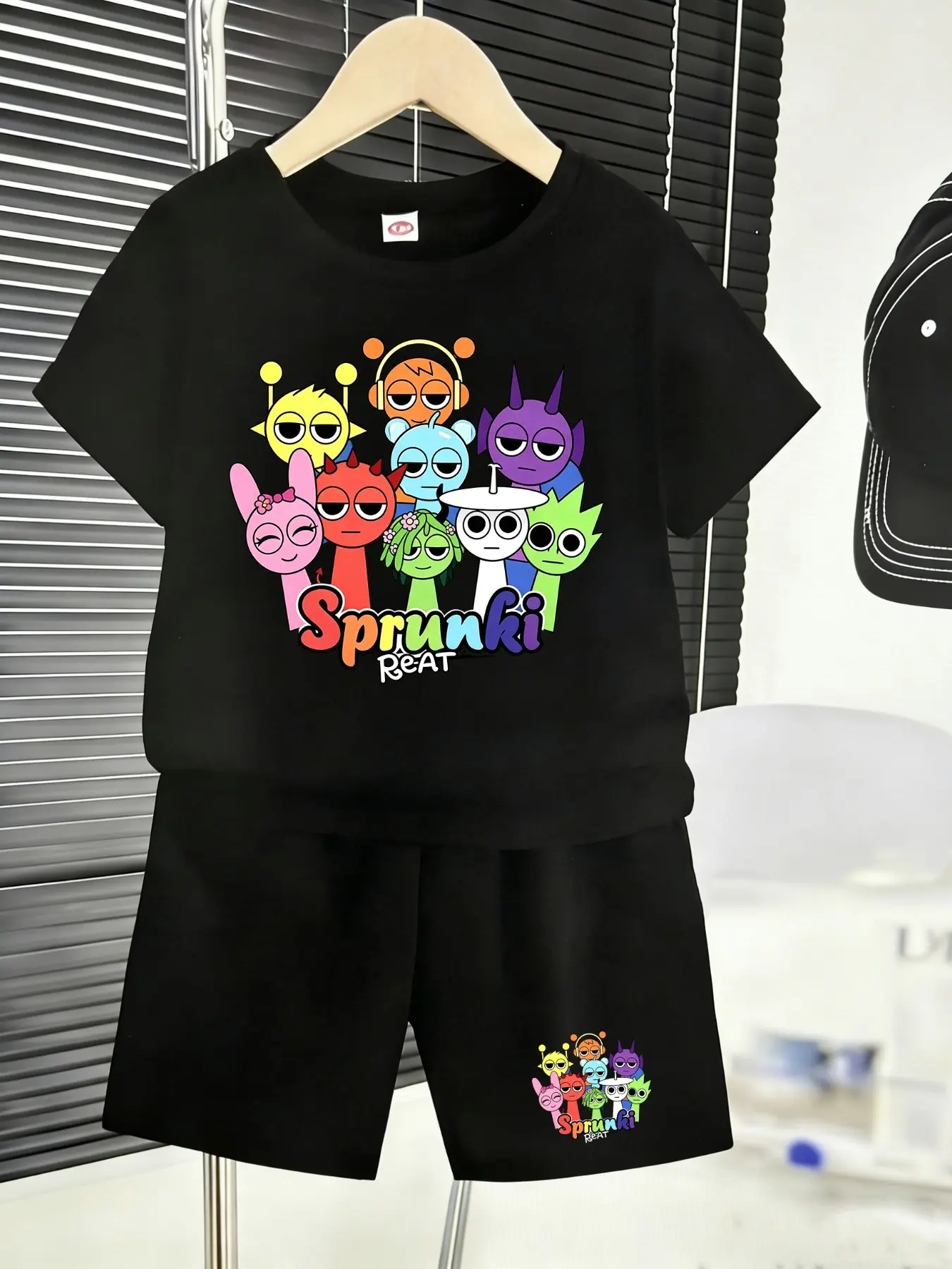 Bestseller Kids Teen Boys Summer Essential Sprunki Print Black Short Sleeve Tee & Shorts Trendy Versatile Outfit Birthday Present