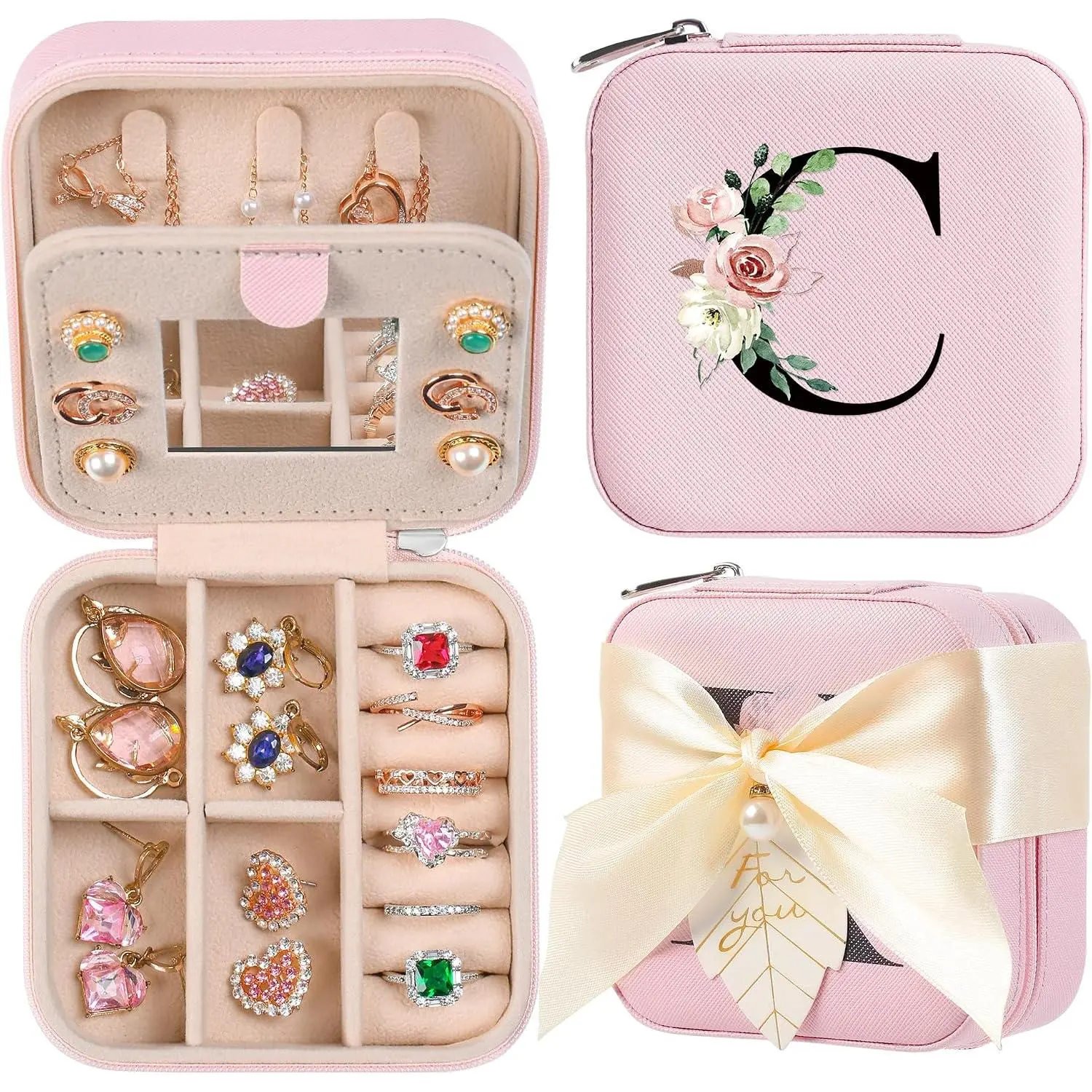 Travel Jewelry Box  Women and Girls - Small Case With Initial A-Z - Teacher Gifts