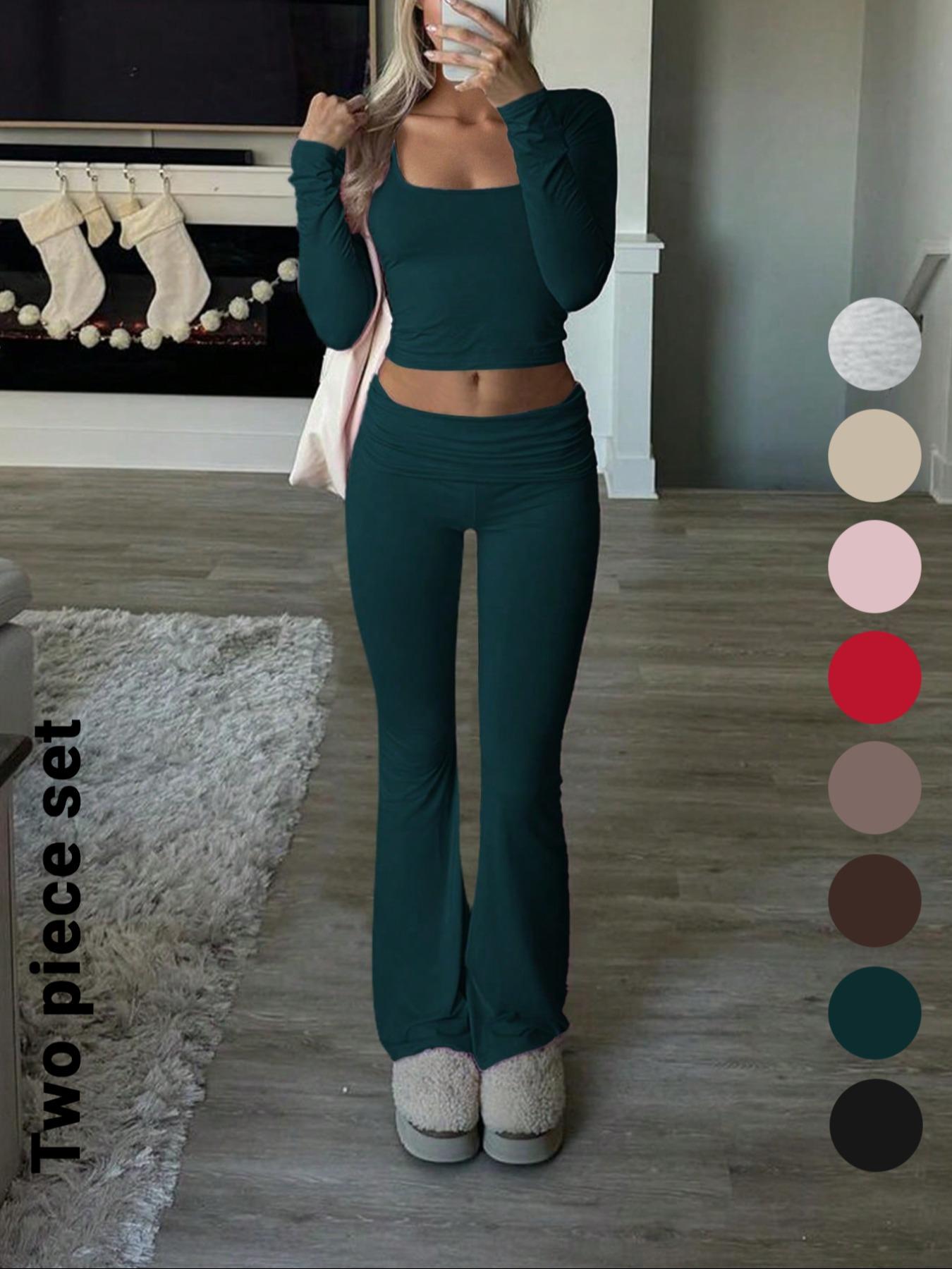 Women's Solid Color Square Neck Crop Tee & Flare Leg Pants Two-Piece Set, Casual Fashion Cozy Two Piece Outfits for Daily Outdoor Wear,Airport Outfit, Cropped Top