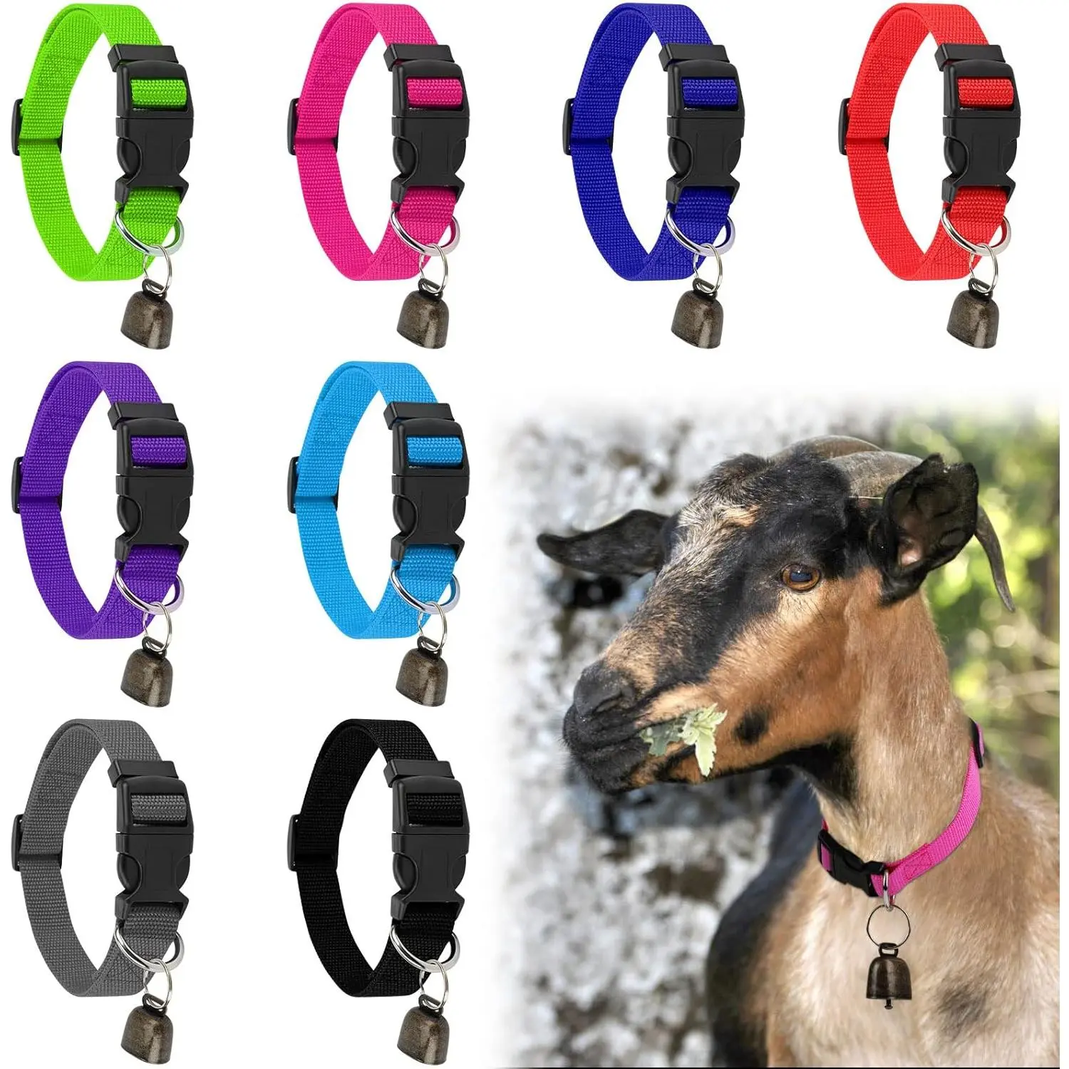 8 Pack Goat Collar with Bell, Adjustable Sheep Collars Set with Quick Release Buckle Durable Nylon Anti-Lost Grazing Pet Collar with Copper Bell for Goat Sheep Horse Cow