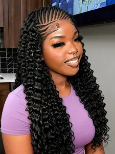 Natural Deep Wave 13x6 HD Lace Front Synthetic Wig, Pre-Plucked Edges, Braided Style, Synthetic Hair Wig for African American Women