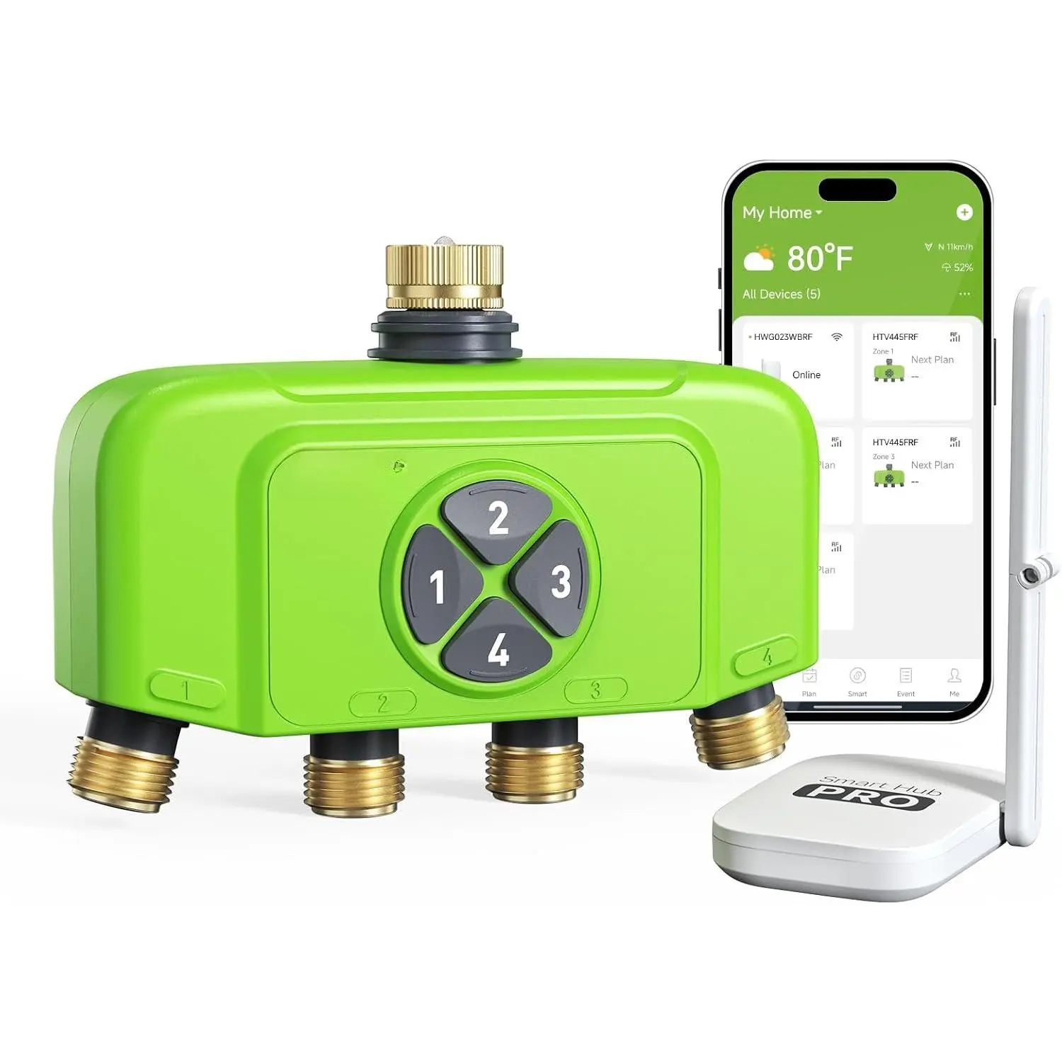WiFi Sprinkler Timer for Outdoor Garden Watering, 4 Zones Max, Solid Brass Inlet & Outlet, App-Controlled Custom Irrigation Programs, Voice Control, Green