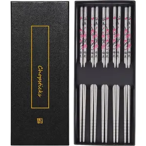 Stainless Steel Chopsticks, Metal Chopsticks,  Non-slip Design Chop Sticks, 5 Pairs  Set,Plum  Design