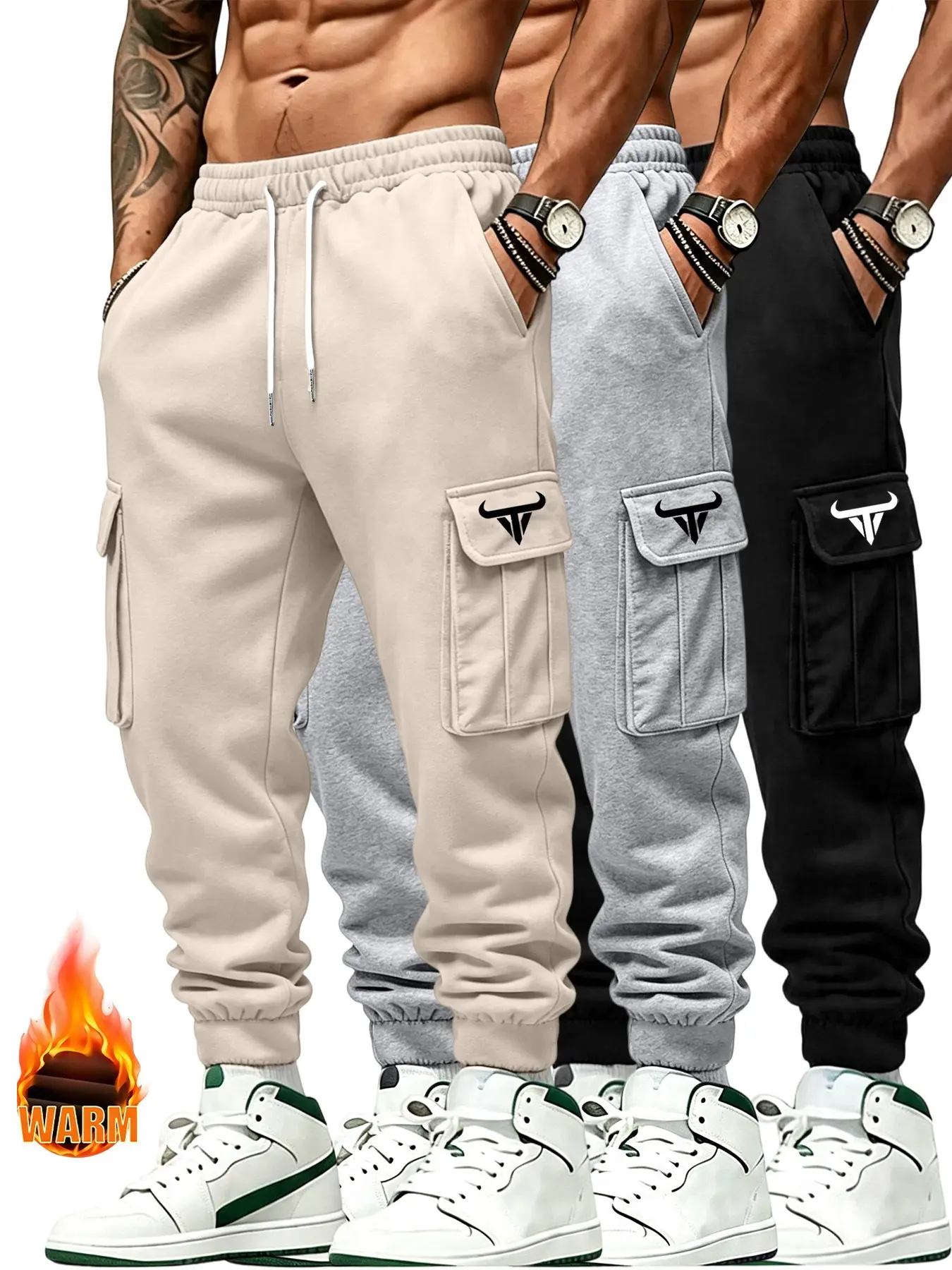 3-Pack Men's Fall Winter Sports Pants, Sporty Casual Sweatpants, Comfortable and Flexible, Side Pockets Bull Print, Breathable Casual Wear, Ideal for Outdoor Activities