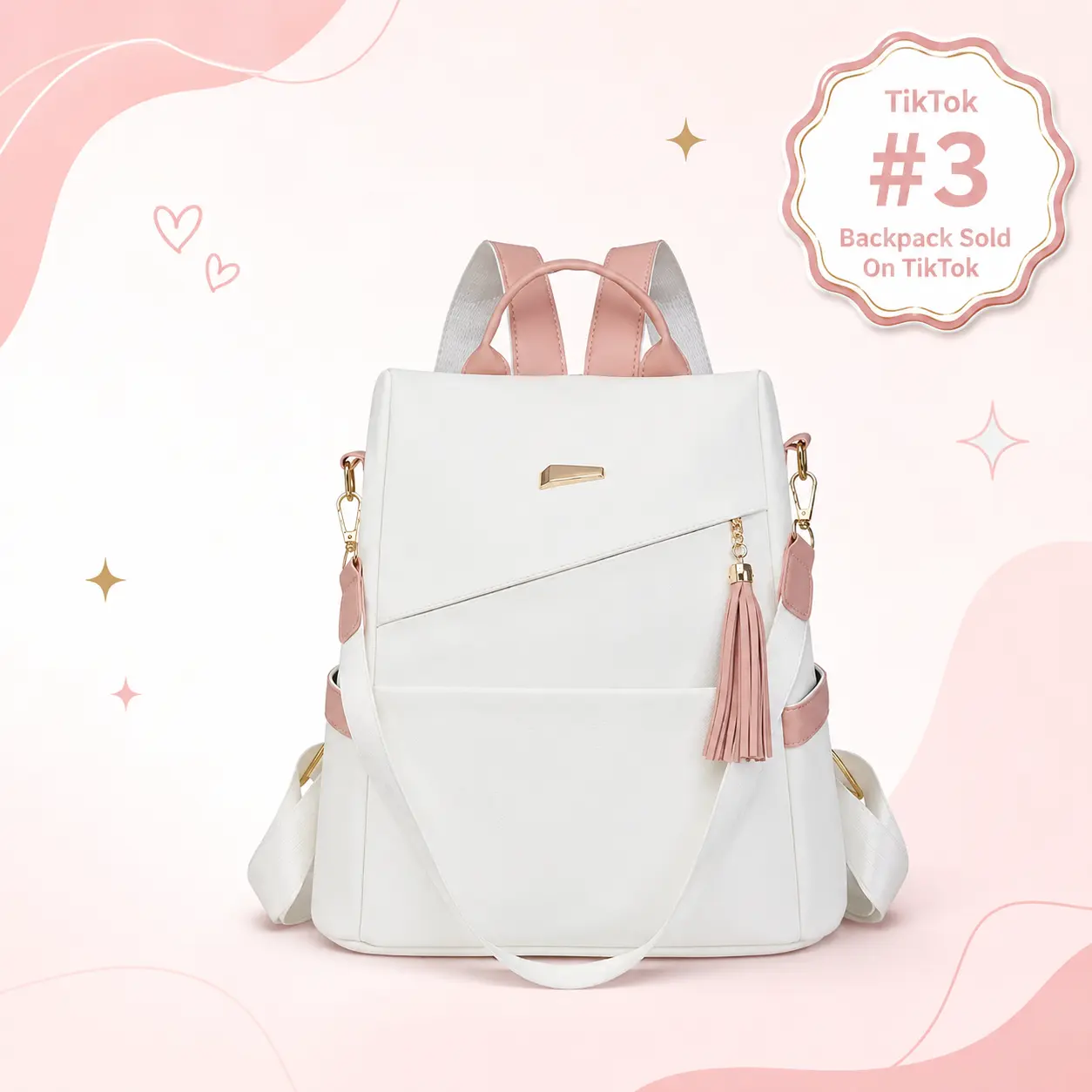 Women's White Pink Convertible Backpack Purse, Fashion Top Handle Handbag with Tassel, Adjustable Shoulder Strap, Multi-Pocket Everyday Bag for Women, Stylish Casual Travel Commuter Backpack for Shopping, Work, College, Weekend Outings & Gifts
