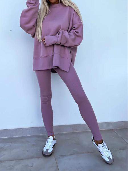 Women's Solid Drop Shoulder Split Hem Sweatshirt & Pants Two-piece Set, Sweatsuit Matching Set, Casual Fashion Cozy Breathable Outfits for Daily Outdoor Wear, Ladies Sportswear for All Seasons