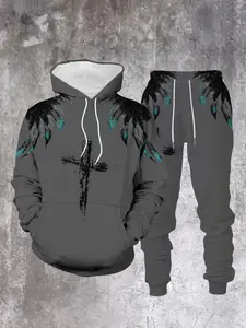Base Ink Cross Blue Gradient Wing Large Size Men's Hooded Sports Set, Casual Long Sleeve Sweatshirt, Fall & Winter Wear