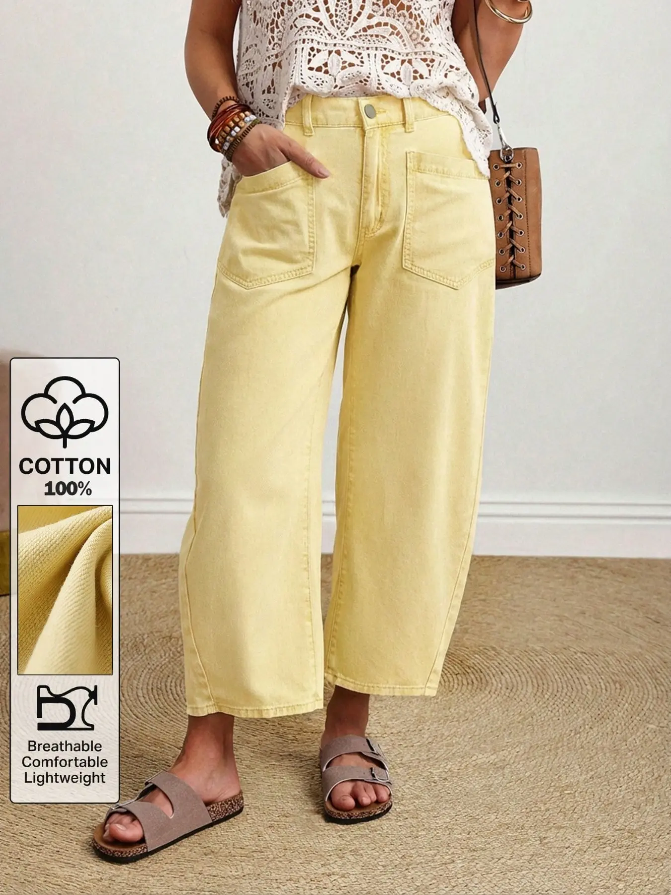 Women's Solid Color Zipper Button Pocket Boho Style Baggy Lightweight Jeans, Light, Perfect for Summer Beach Vacation and Dates