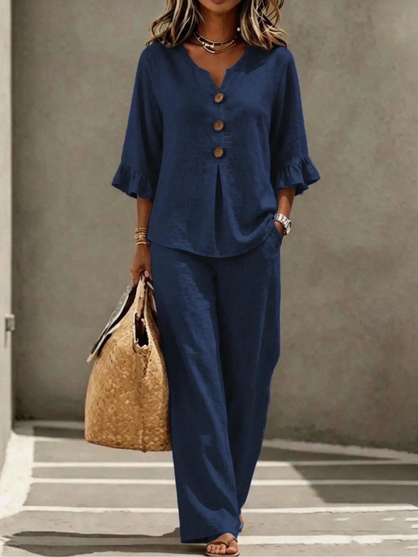 Women's Casual Button V-Neck Ruffle Three Quarter Sleeve Top and Long Pants Two Piece Set, Comfortable and Stylish for Daily Wear, Casual Summer Set