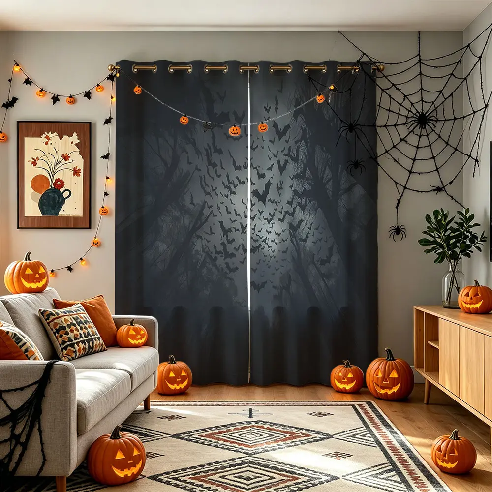 Dark Bat Silhouette 2 Panels Grommet Blackout Curtains, Minimalist Spooky Halloween Thermal Light Block Bedroom Curtain