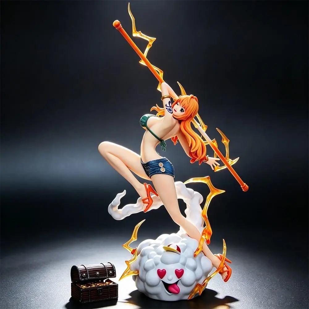 One Piece Nami Figure, Collectible Figurine, 2 Versions with Clima-Tact & Zeus Cloud Base, Nami Collectible Statue, Battle Pose with Lightning Effects & Treasure Chest, Two Outfit Styles, Anime Figure