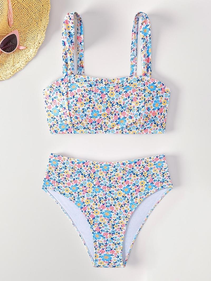 Summer Print Bikini Set, Girls Sleeveless Wireless Bra Top, High Waist Triangle Beach Shorts, Casual Ditsy Floral Swimsuit