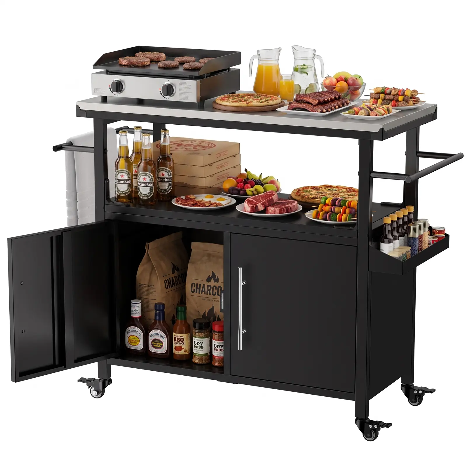 ARCH Stainless Steel Top Outdoor Grill Cart with Wheels - Functional Metal Frame Organiser, Tool Storage with Double Doors Cabinet, Towel Rack, Spice Rack, Portable Patio Kitchen Island for Backyard Parties