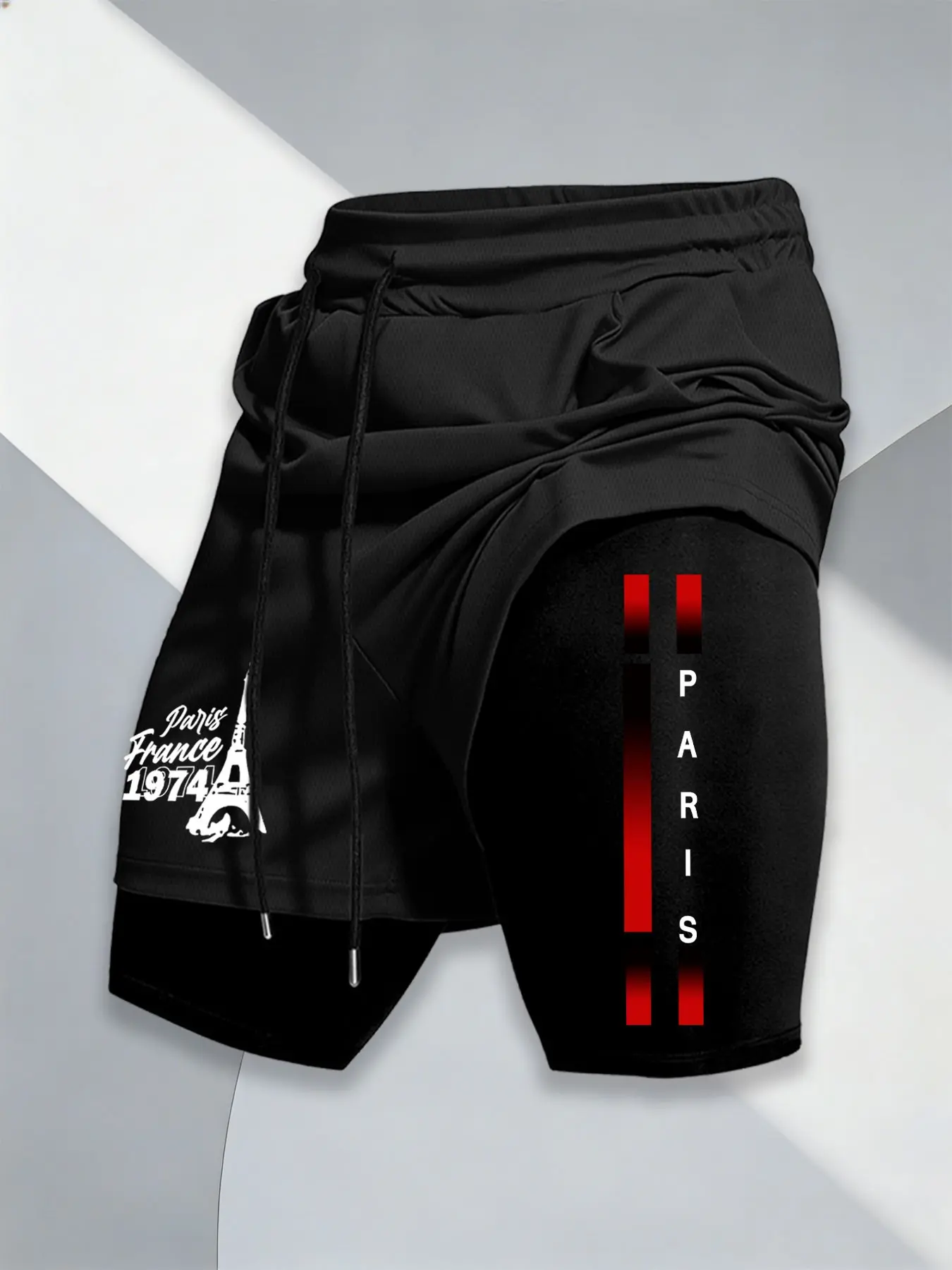 Paris Eiffel Tower Letter Print Sporty Shorts, Quick-Dry Breathable Anti-Exposure, Men's Fitness Running Casual Pants, Slim-Fitting Design, Athletic Wear Shorts