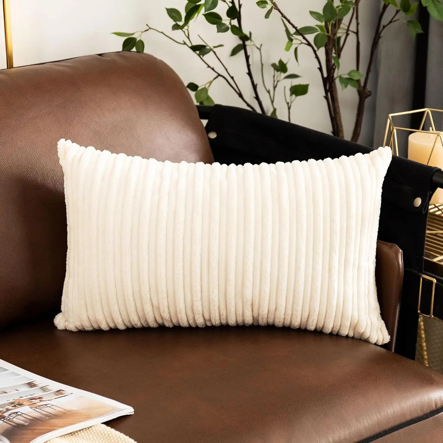 Velvet 12x20 Inch Lumbar Throw Pillow Cover, Both Sides Corduroy Striped, Soft Solid Decorative Rectangular Cushion Case for Couch/Bedroom/Car, 1 Piece, Cream