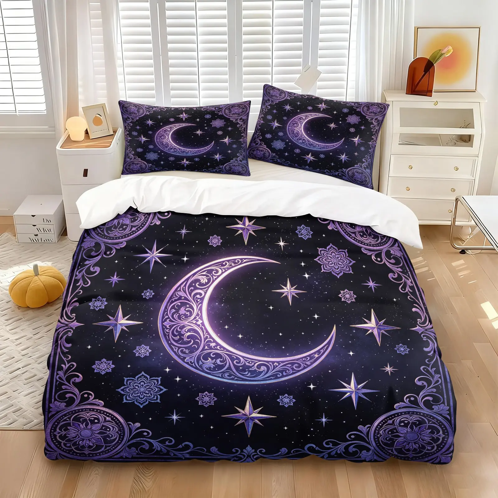 Purple Moon Starry Mandala Print Duvet Cover Set & 1-2 Pillowcases No Core-Scroll Grass Carving Crescent Moon with 4-Pointed & 6-Pointed Stars-Soft Comfortable Bedding Decorative Theme Bedding Set -Bohemian & Mysterious Gothic Celestial Bedroom Decor