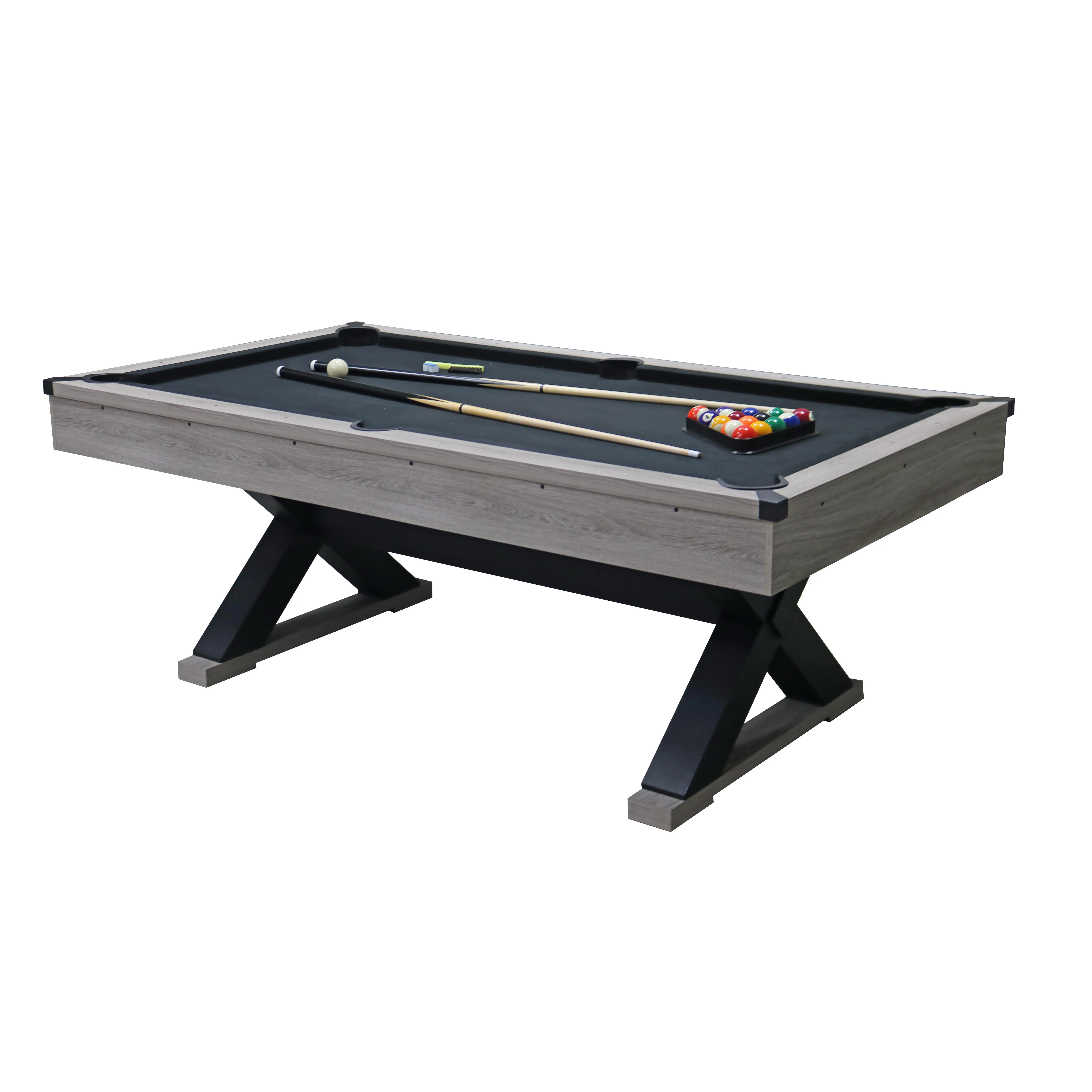 ARCH 84-Inch Rustic Grey MDF Pool Table with Black Cloth, X-Legs, Billiard Balls, Cues, Chalk, Brush, 84.1"L x 46.5"W x 32"H, Game Room, Living Room, Garage, Indoor Recreation, Family Fun, Entertainment, Billiards Table, 8-Foot Pool Table