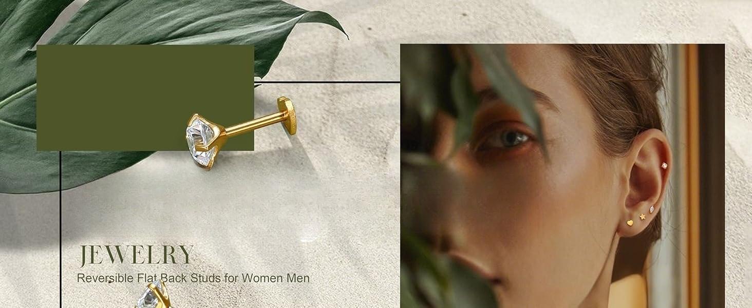 CASSIECA Flat Back Earrings Studs Hypoallergenic -Gold-Plated Surgical Steel Earring 18G Cartilage Helix Tragus Conch Piercing Jewelry Extended Internal Thread Earrings for Women Men