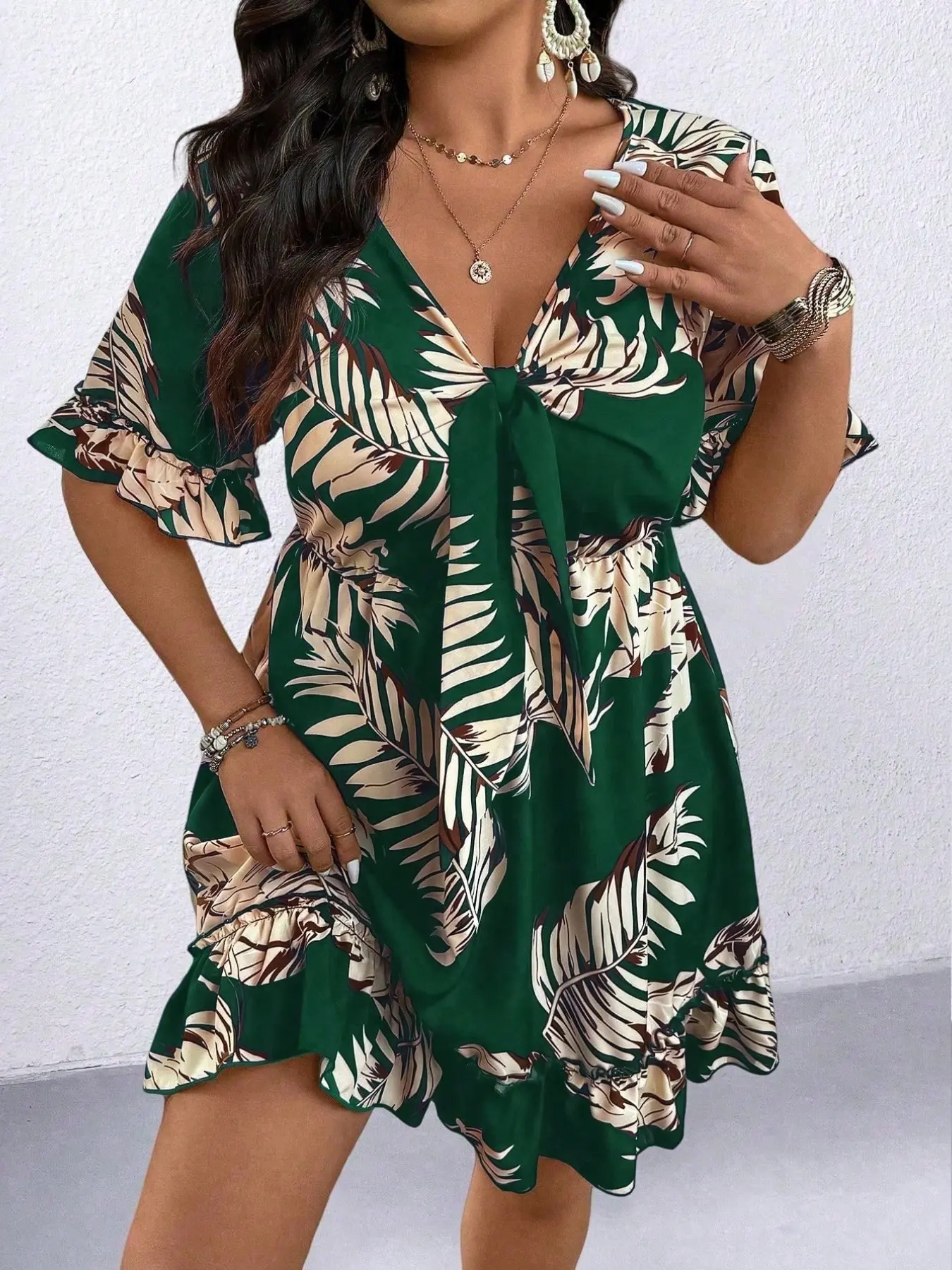 Tropical Print V-Neck Dress, Summer Beach Dress, Curvy Girl Fashion, Leaf Print Dress, Vacation Wear, Bold Style