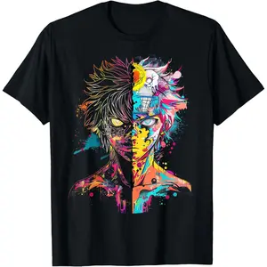 Dual Split Face Half Dark Half Neon Rainbow Paint Splash Anime Boy Graphic T Shirt Glowing Golden Eye Dripping Ink Cyber Graffiti Manga Print Unisex Relaxed Black Cotton Short Sleeve Tee For Harajuku E-Girl Anime Convention Cyberpunk Alt Streetwear Manga