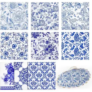 36 Pack 9 Styles Assorted Floral Decorative Decoupage Napkins Chinoiserie Cocktail Paper for DIY Crafting Birthday Party, Each Unfolded 13 Inch Blue and White Floral