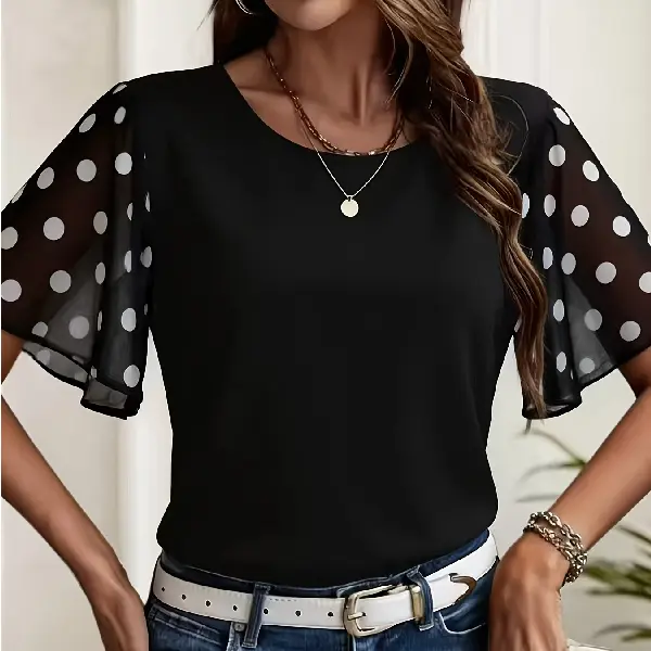 Elegant Black Polka Dot Chiffon Top, Stylish Round Neck Short Sleeve Shirt, Chiffon Polka Dot Printed Spliced Top, Beautiful Women'S Shirt, Versatile Commuting Blouse
