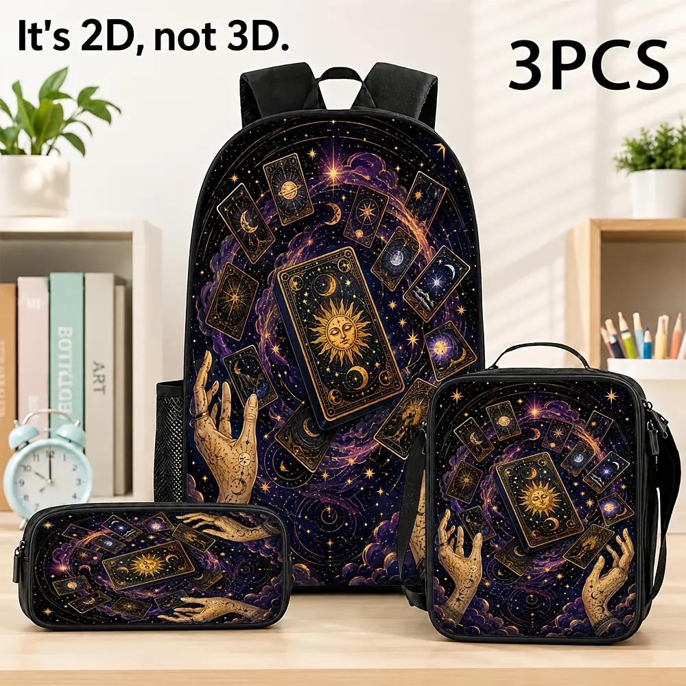 3pcs High-Capacity Oxford Laptop Backpacks - Casual Daypacks with Mystical Celestial Tarot Stars, Zodiac Sun Moon, Fortune Witch Oracle Esoteric Astrology Constellation Enchanted Vintage Art Magic Hand Pattern, for Halloween Students