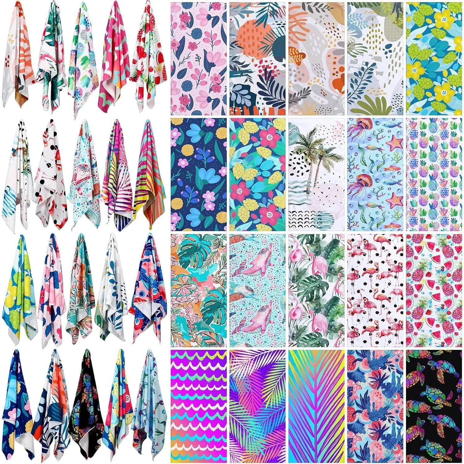 Newwiee 20 Pack Oversized Beach Towels Bulk 28 x 59 Inch Microfiber Quick Dry Sand Resistant Pool Towels Set Absorbent & Lightweight Assorted Vibrant Patterns Travel Blanket for Bath, Swim, Outdoor