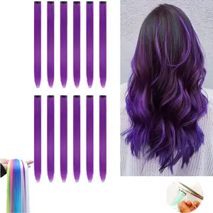 12Pcs Colored Purple Hair Extensions, 22 Inch Fashion Long Synthetic Hair Pieces, Colorful Clip-in Hair Decorations, Stylish Hair Accessories for Women Daily Party Festival Cosplay Dress Up