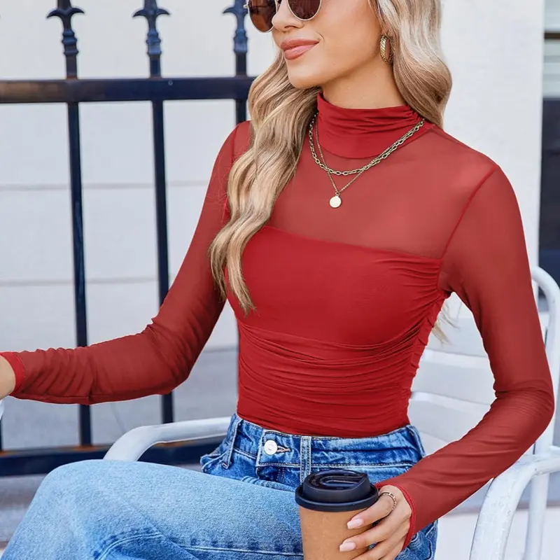 Women's Mesh Semi-Transparent Long Sleeve Winter Ruched Top, Sexy Slim Fit, High Neck Design, Fashionable Versatile Base Layer Shirt