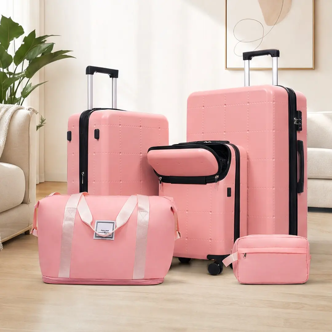 Women's 5-Piece Durable Lightweight Hardside ABS Luggage Set, 20" Carry On Travel Luggage Bag with USB Port, 24/28" Expandable Spinner Wheel Suitcases, TSA Lock & Double Zippers for Business Travel, Light Pink, Durable Luggage, Lightweight Luggage Set