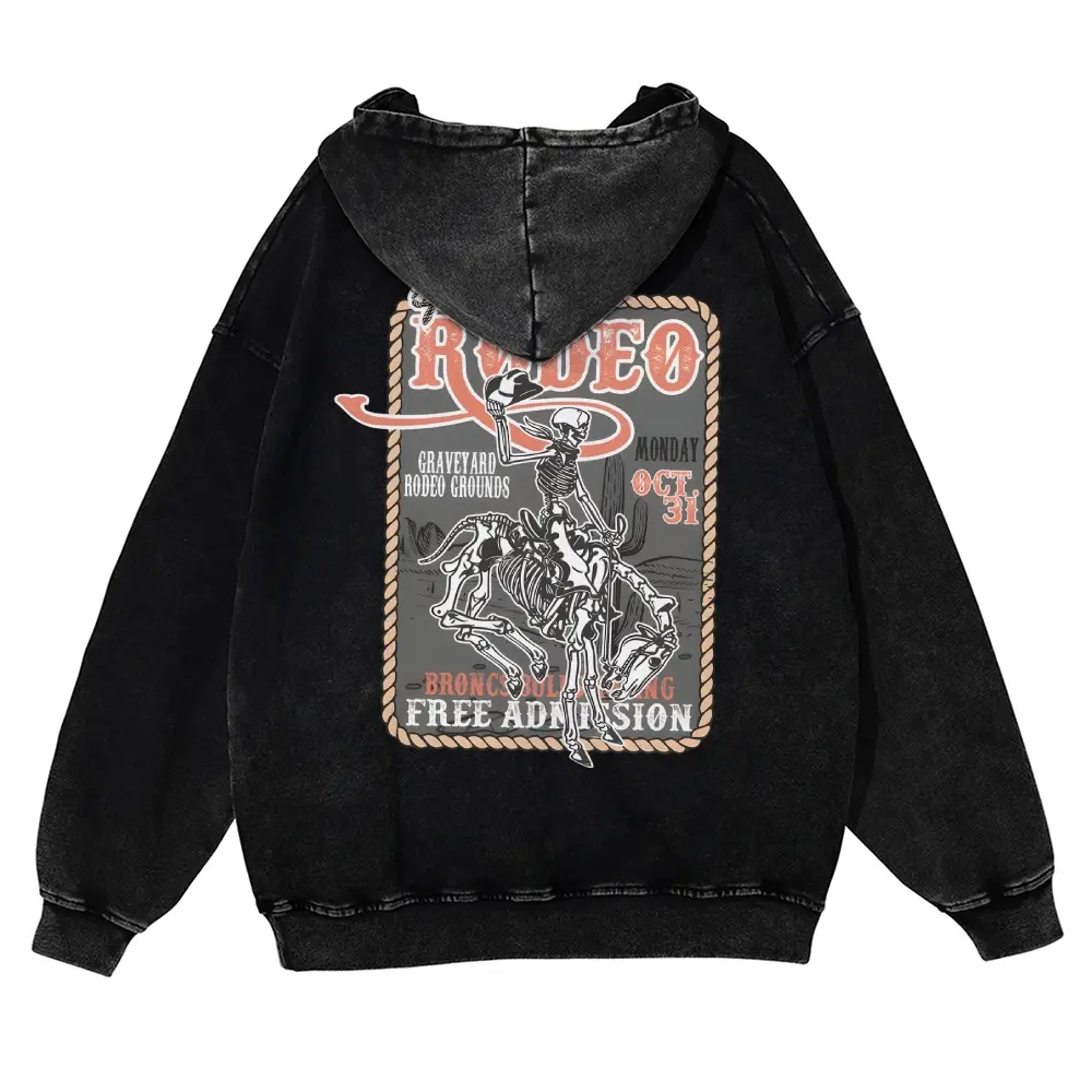 Vintage Western Halloween Rodeo Hoodie Oversized Acid Wash Spooky Rodeo Skeleton Cowboy Graphic Sweatshirt October 31 Graveyard Unisex Heavyweight Streetwear Pullover