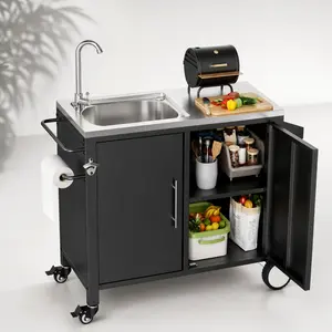 304 Stainless Steel Outdoor Grill Prep Station Cart with Built-in Laundry Sink, Spice Rack, Lockable Wheels, Bottle Opener, Storage - 38"L x 18.1"W x 35.4"H Portable Patio Furniture for Cookouts