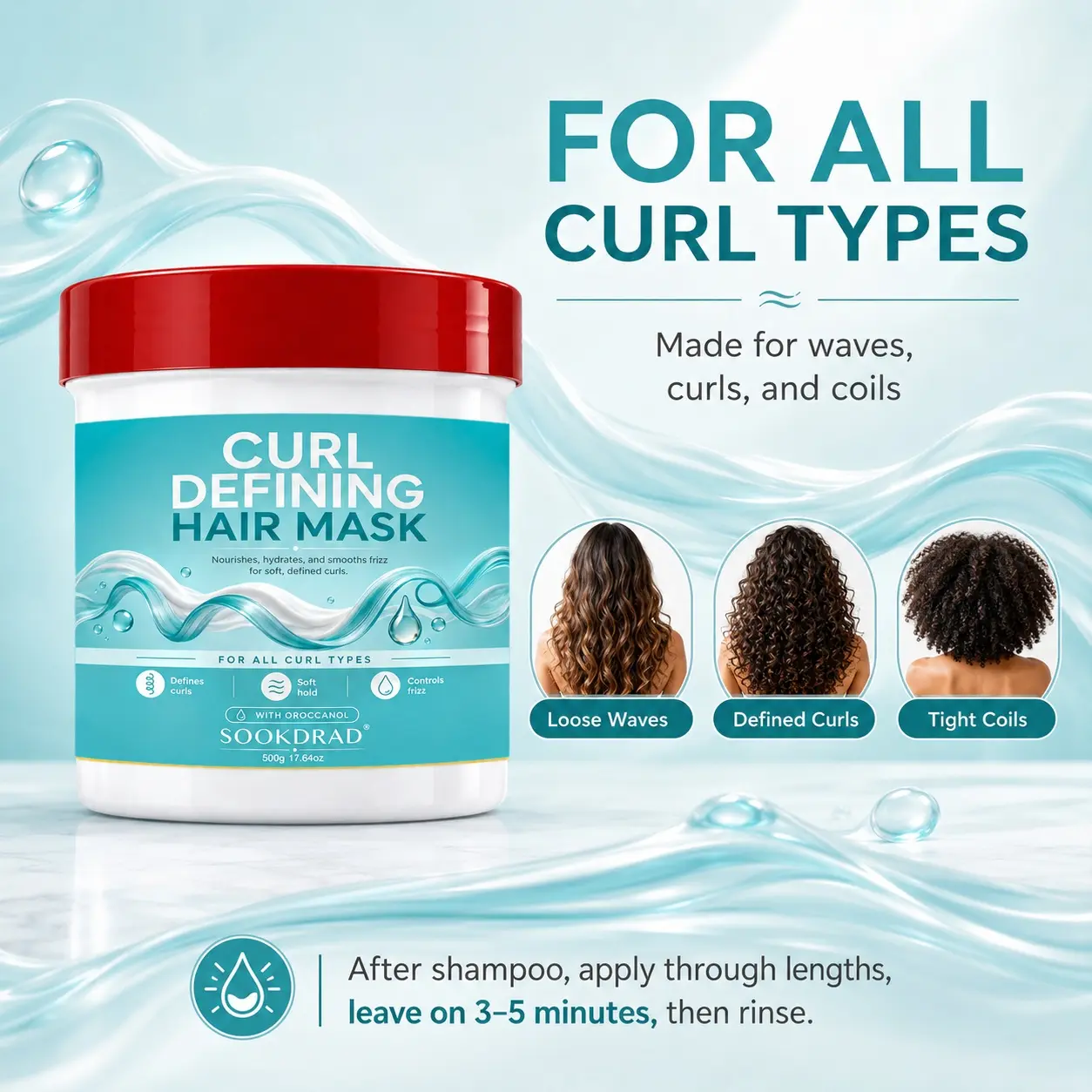 curl defining hair mask, with Oroccanol, nourishes, hydrates, smooths frizz, defines curls, soft hold, controls frizz, for hair, Haircare, all curl types, 500g/17.64oz