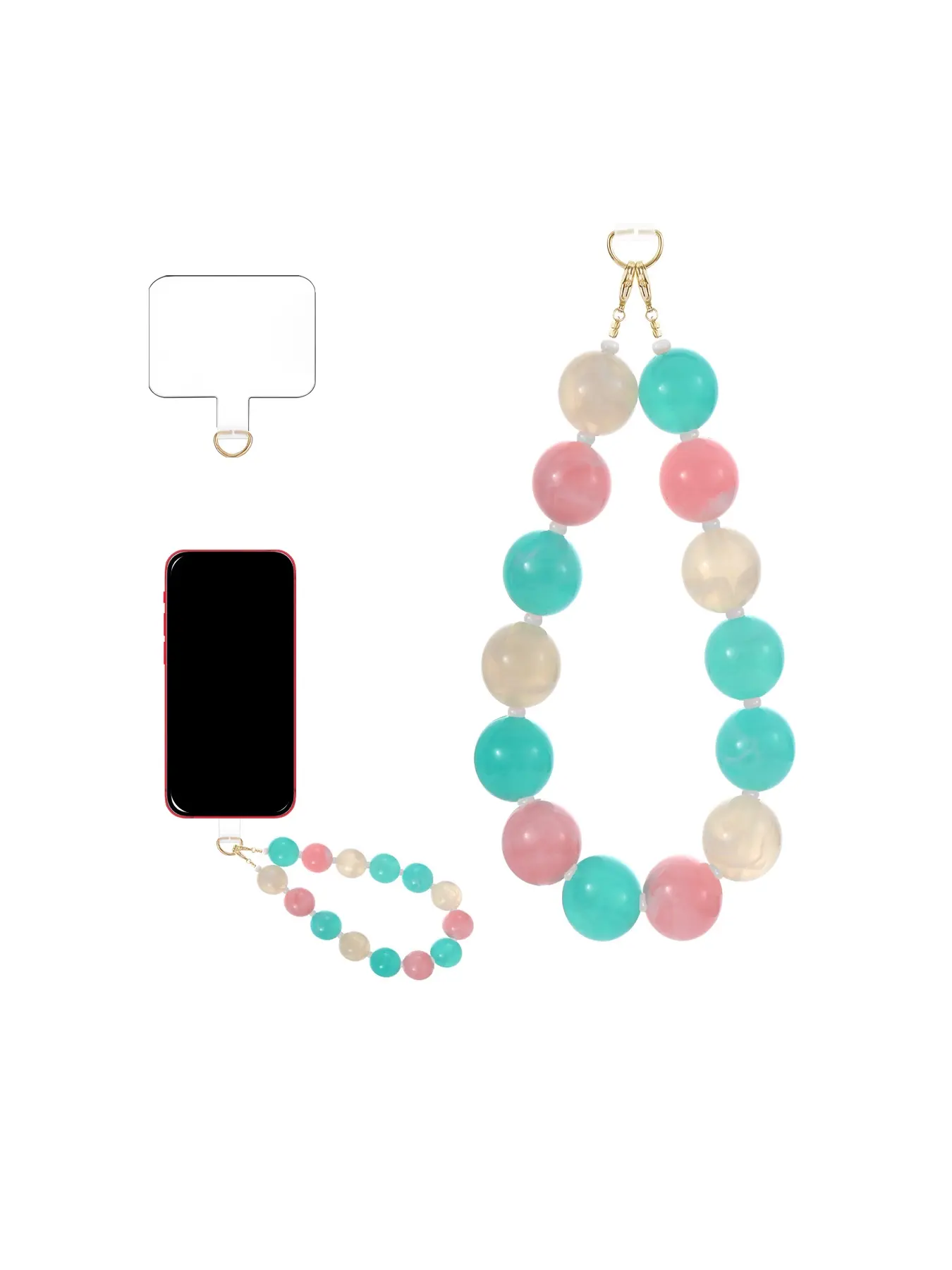 Boho Multi-Color Beaded Phone Chain, 2-in-1 Bag Strap & Key Holder, Universal Phone Patch Included,Large Marble Bead Phone Lanyard, Practical Daily Accessory & Birthday Present, Cell Phone Lanyard
