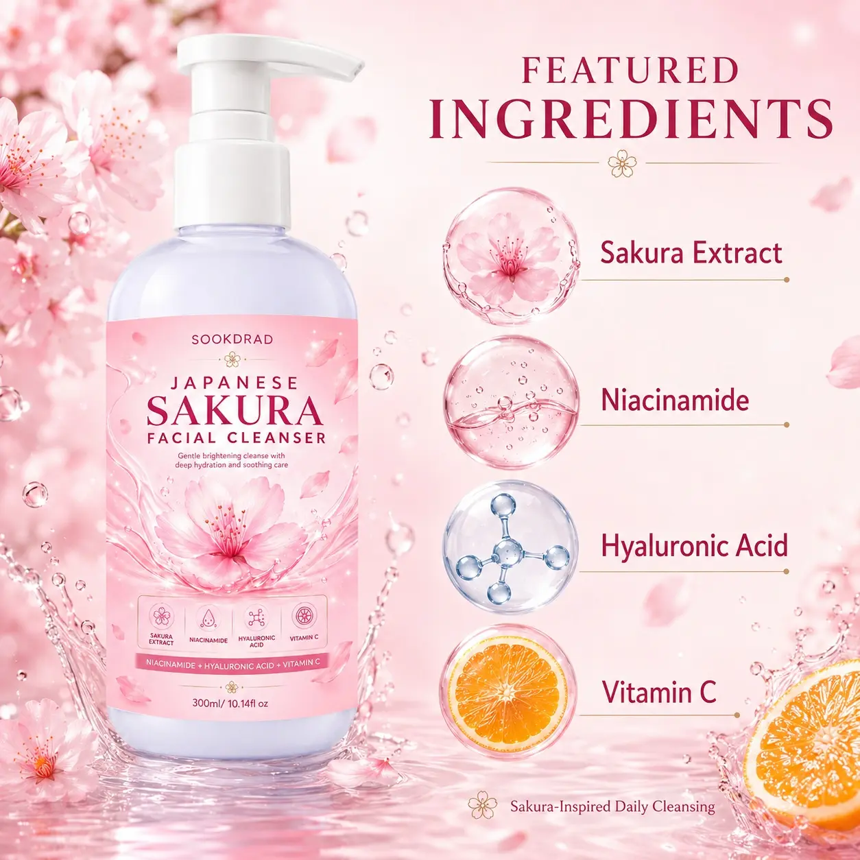 Japanese Sakura Facial Cleanser, Sakura Extract, Niacinamide, Hyaluronic Acid, Vitamin C, gentle brightening cleanse, deep hydration, soothing care, for face, suitable for various skin types, daily
