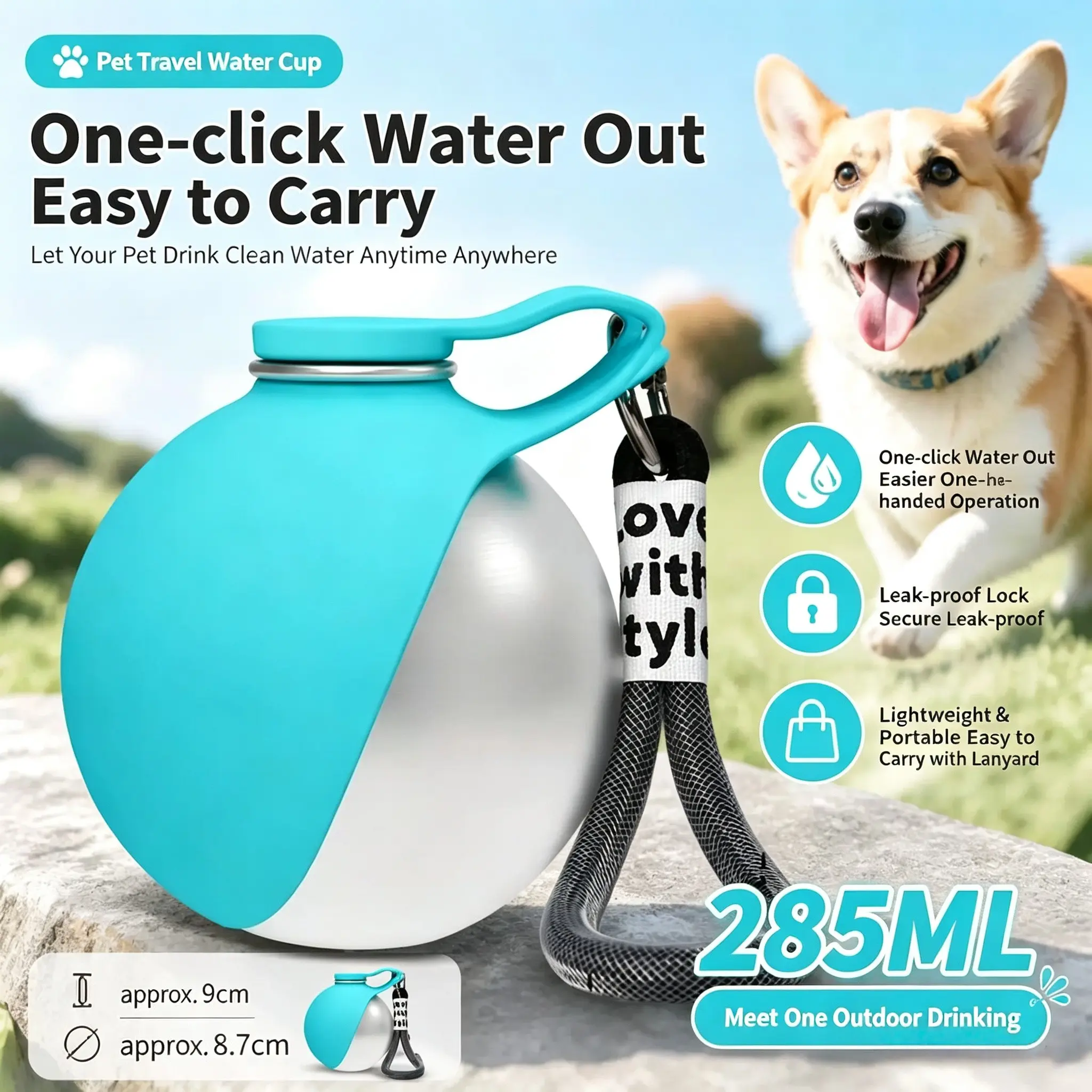 Dog Water Bottle Ball-Shaped, Portable Stainless Steel 304 Dog Drinking Cup, New Design Walk-Along Pet Water Holder, Convenient Outdoor Use
